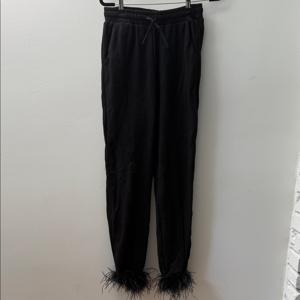 The Noli Shop Black Feather Trim Pants + Top 2 piece set